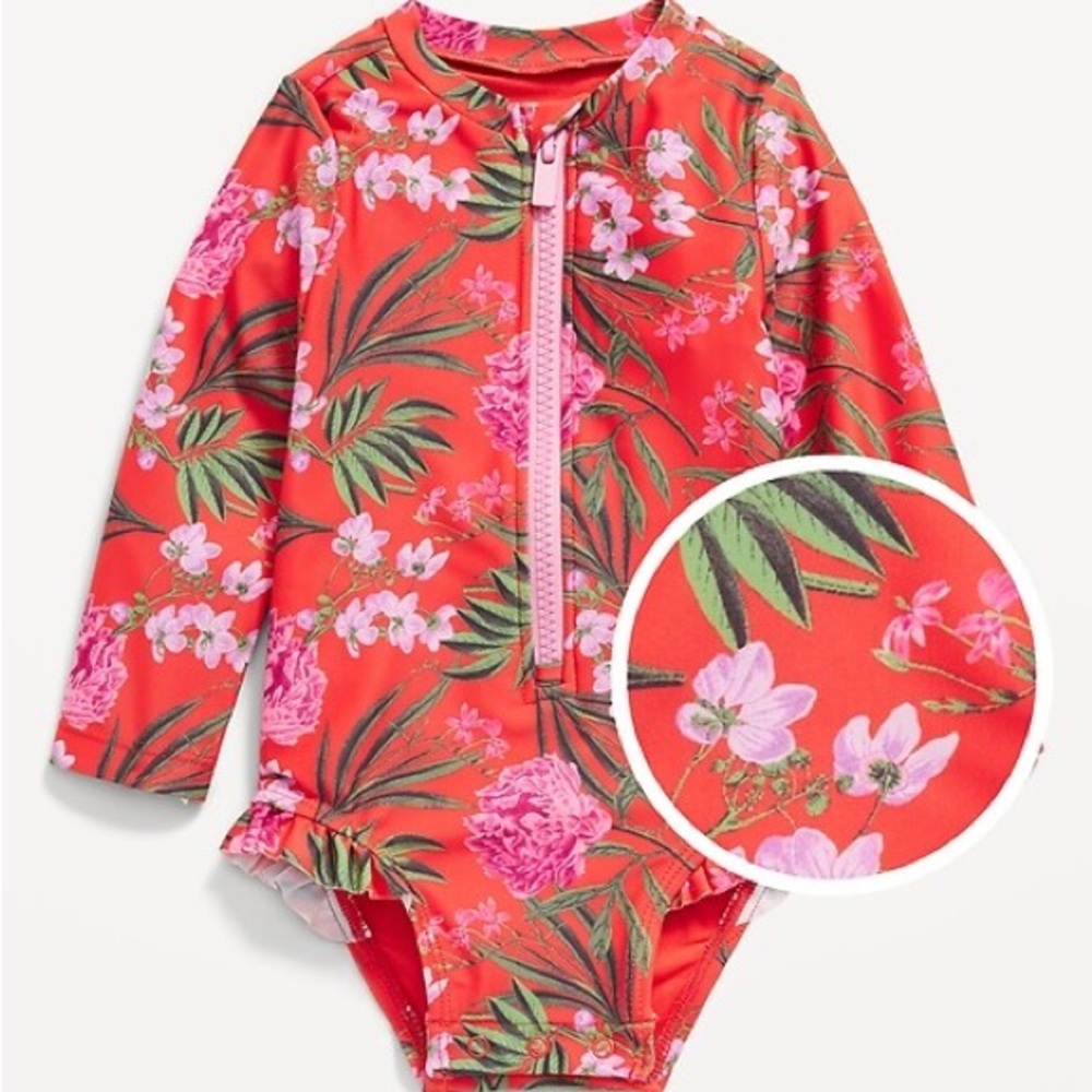 Old Navy Pink and Green Floral Ruffle Trim Rashguard 6-12M